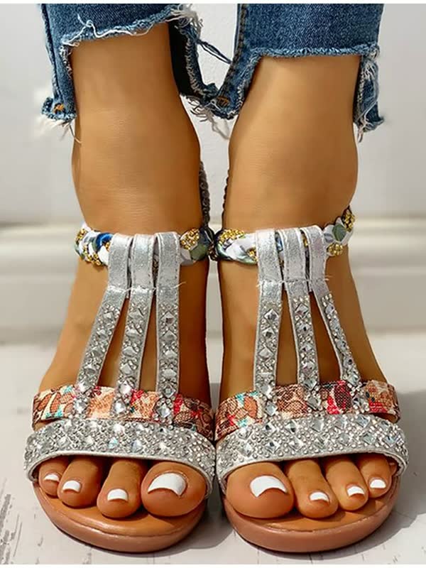 Women's boho wedge sandals with elastic ankle strap, comfortable open-toe summer footwear, lightweight & stylish.