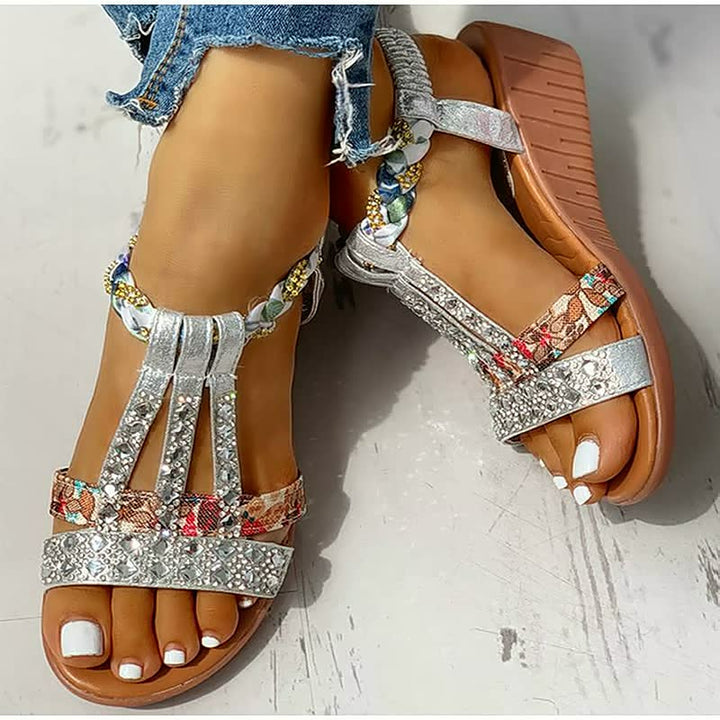 Boho wedge sandals for women, featuring a comfortable elastic ankle strap, open-toe design, perfect for summer fashion.
