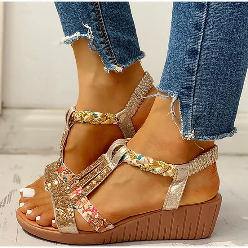 Lightweight women's boho wedge sandals, perfect slip-on summer footwear for casual wear, vacation, or beach days.