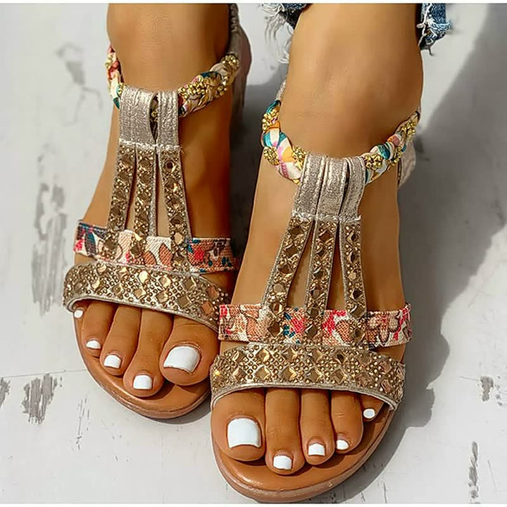 Stylish women's boho wedge sandals with comfortable elastic strap, open-toe platform design for effortless summer fashion.