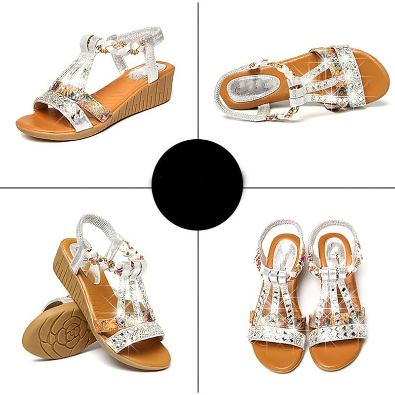 Easy slip-on women's boho wedge sandals offering lightweight comfort and casual summer style with elastic straps.