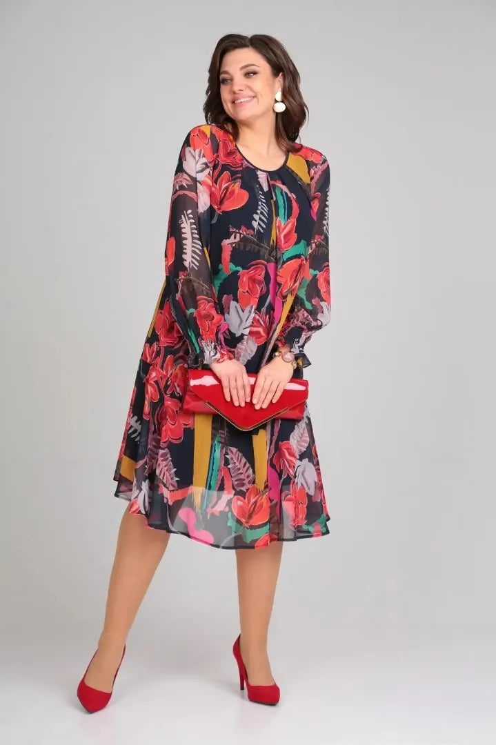 Women's Bold Floral Print Long-Sleeve Midi Dress, perfect for elegant or casual summer fashion.