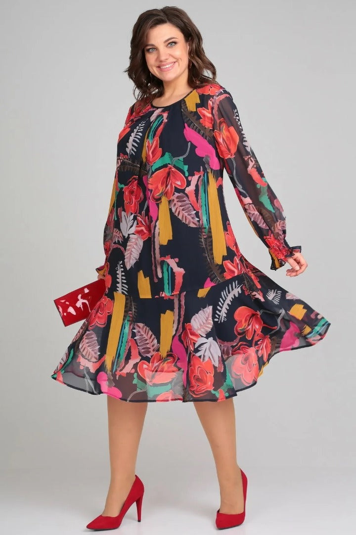 Flowy Women's Midi Dress with a vibrant bold floral print, featuring long sleeves, ideal for versatile wear.