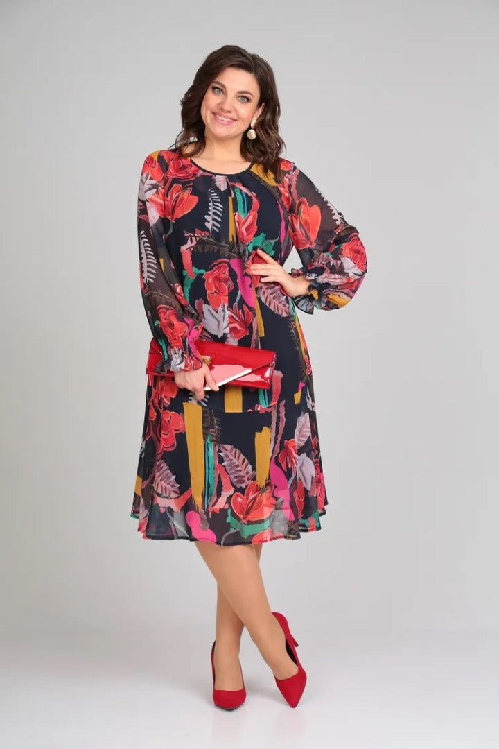 Elegant long-sleeve midi dress for women, showcasing a beautiful bold floral print. Perfect occasion wear.