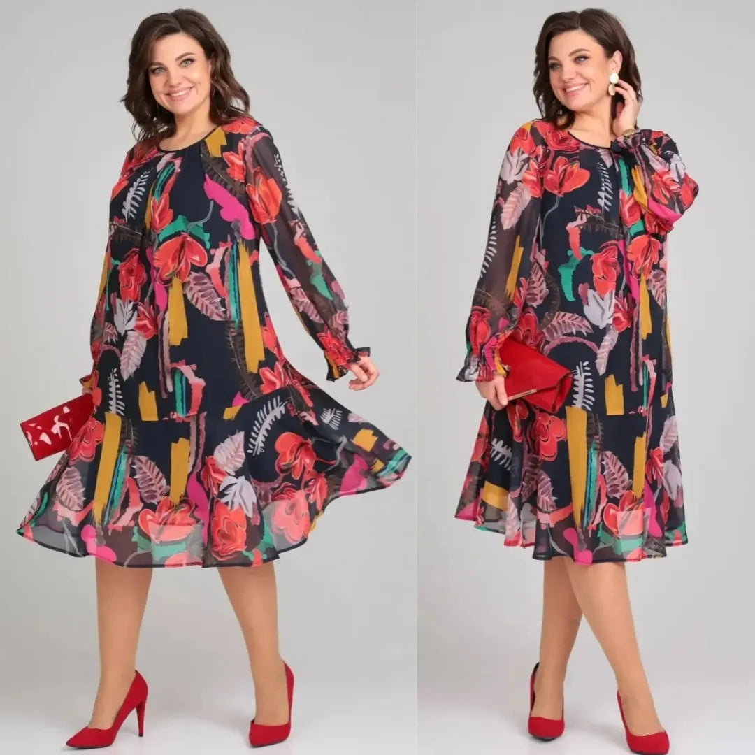 Versatile Women's Printed Midi Dress with a bold floral pattern & long sleeves, suitable for casual & elegant looks.