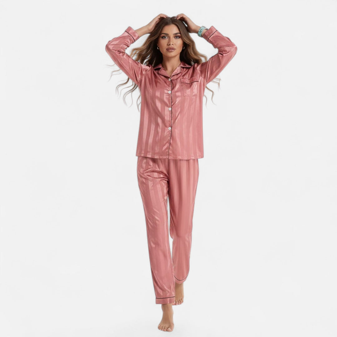 At-home fashion: women's bold stripe long sleeve lounge set. Stylish, comfortable two-piece loungewear.