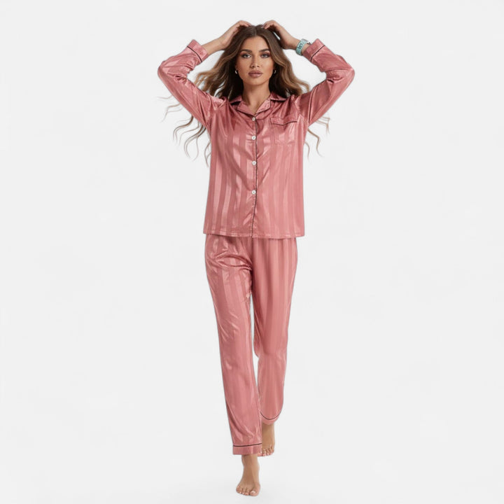At-home fashion: women's bold stripe long sleeve lounge set. Stylish, comfortable two-piece loungewear.