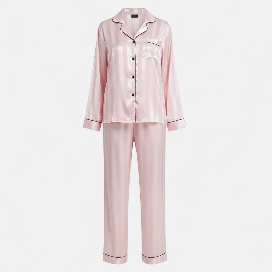 Comfortable women's bold stripe long sleeve loungewear set. Perfect for stylish at-home fashion.