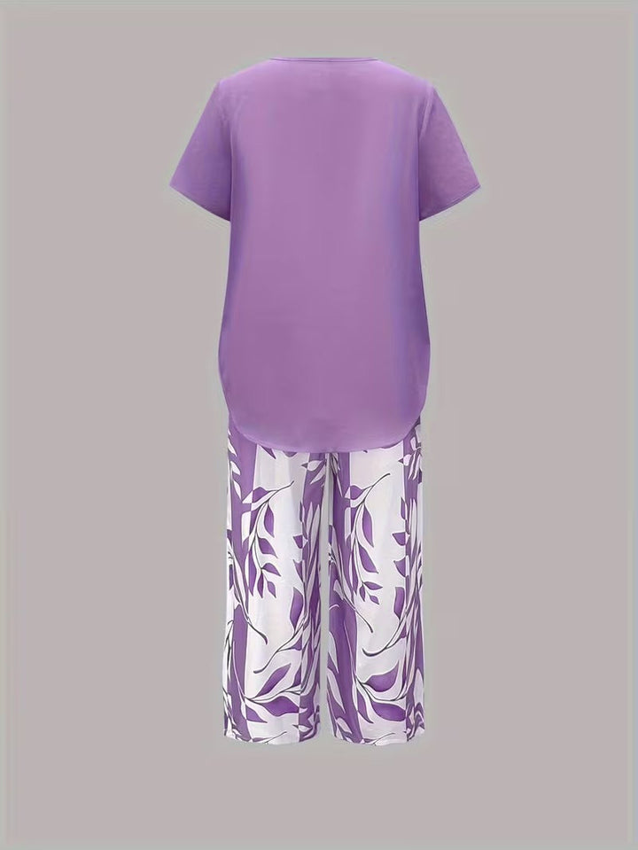 Colorful botanical print women's two-piece set. A vibrant matching outfit perfect for summer events.