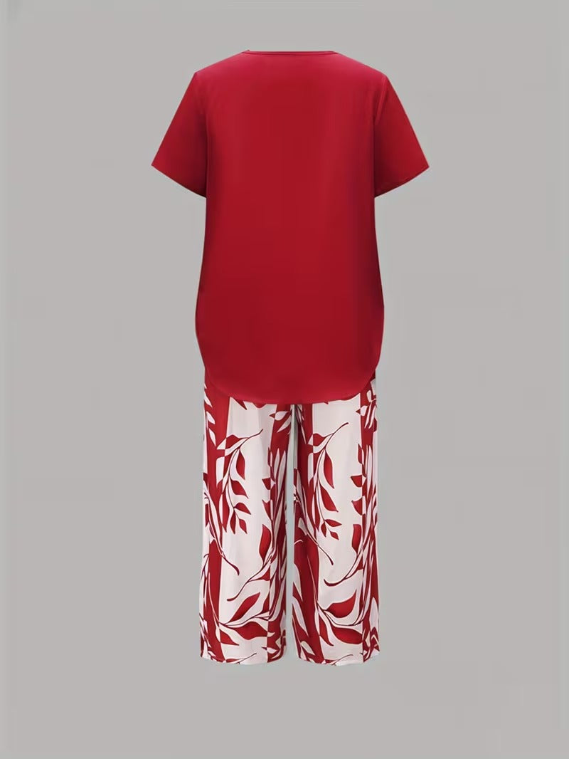 Modern botanical print two-piece set for women. Comfortable lounge wear and stylish summer matching outfit.