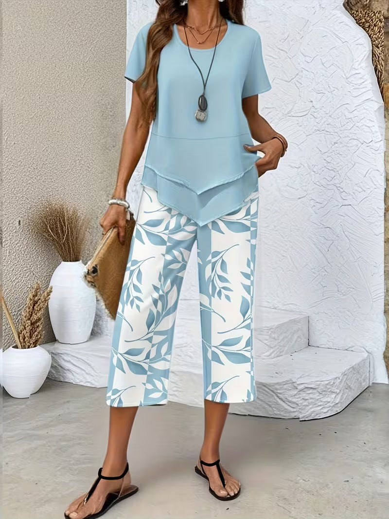 Stylish women's botanical print matching outfit. Casual two-piece set for summer fashion & lounge wear.