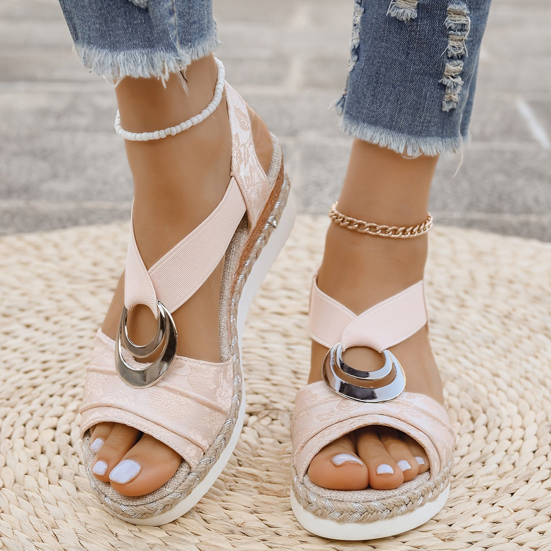 Stylish women's platform sandals with braided rope detail, open toe, offering elevated comfort for summer.