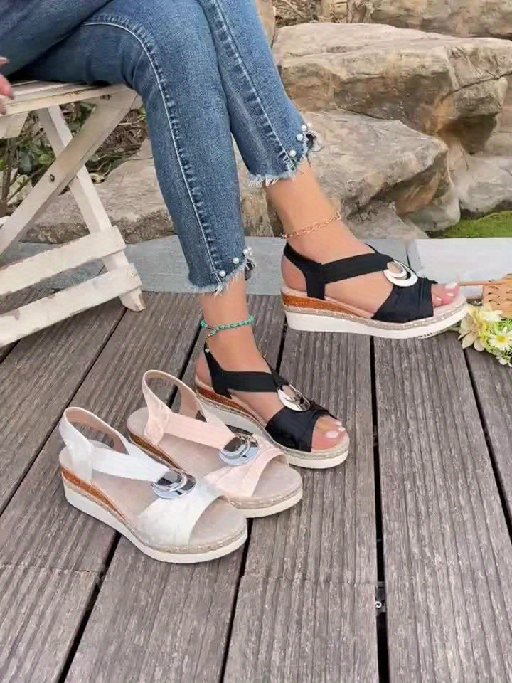 Comfortable women's casual braided rope platform sandals, slip-on, great for summer, beach, & vacation.