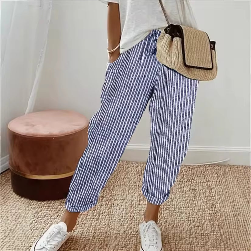 Women's breathable casual trousers with elasticated waist & straight leg for summer comfort & style.