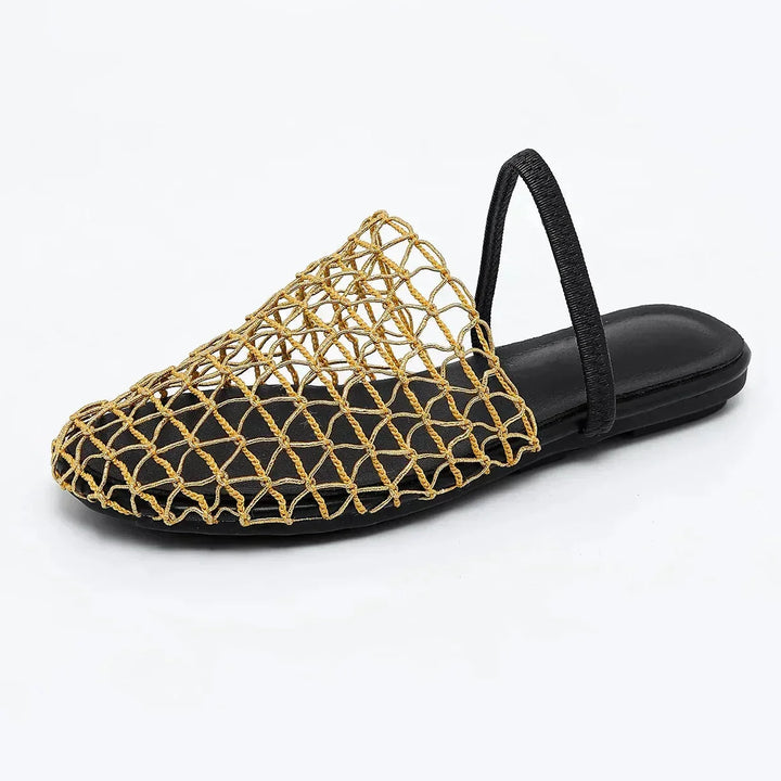 Lightweight women's flat sandals, breathable woven design with a secure slingback strap for summer.