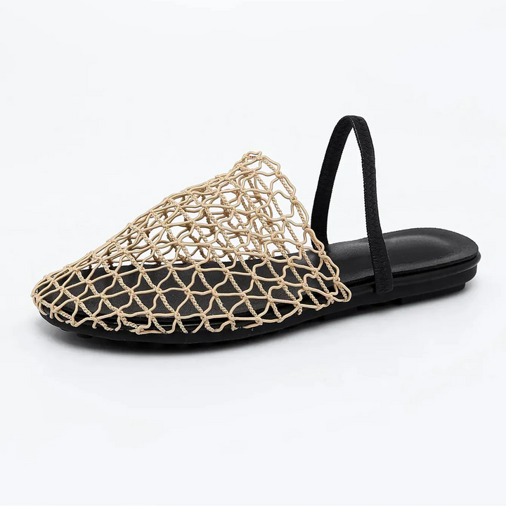 Women's woven flat sandals, closed-toe and breathable, with a comfortable slingback strap.