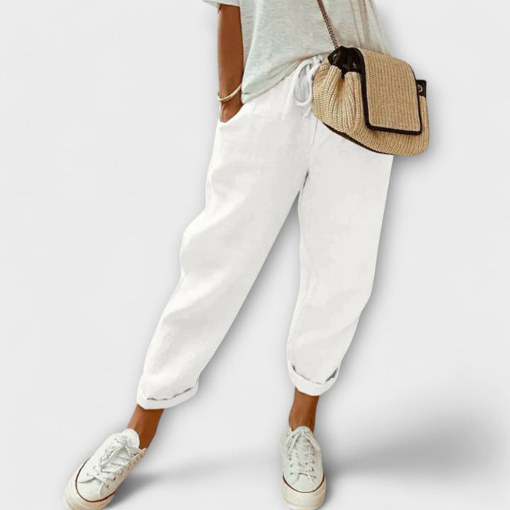 Women's comfortable linen wide-leg pants, perfect for casual summer outings & travel.