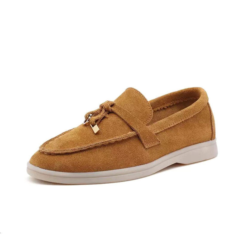 Close-up of women's breathable pointed toe loafers. Stylish, comfortable flats for spring and summer everyday wear.