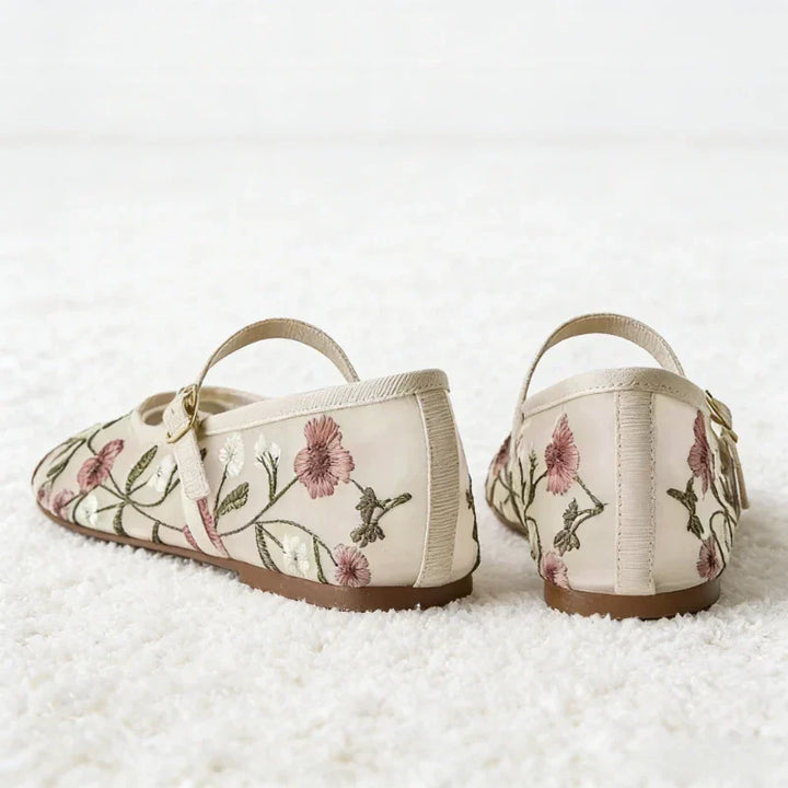 Stylish women's casual ballet flats, spring/summer ready, with intricate embroidered flower details.