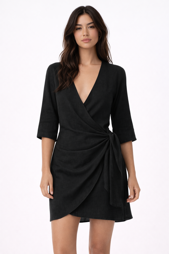 Asymmetrical women's wrap mini dress, breathable & lightweight, ideal for summer holidays & casual comfort.