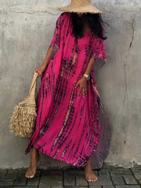 Patterned women's caftan maxi dress, ideal for breezy beachwear & summer vacation.