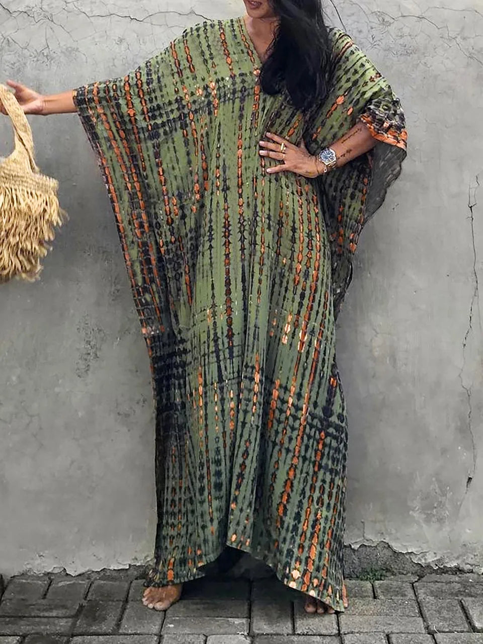Patterned caftan maxi dress, an elegant choice for women's summer events & resort wear.