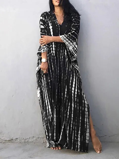 Breezy patterned maxi dress, an elegant caftan for women's summer fashion & beachwear.