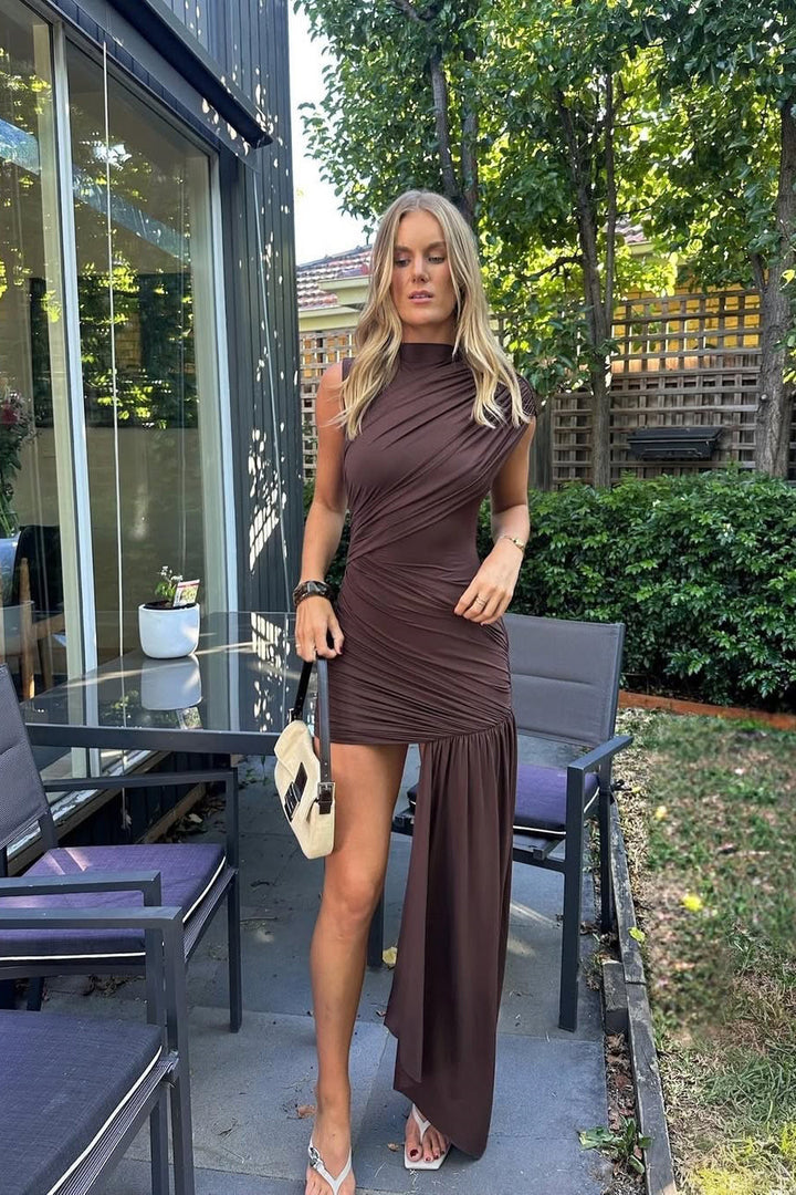Chic brown high neck draped mini dress for women, with flattering ruched details, suitable for occasions.