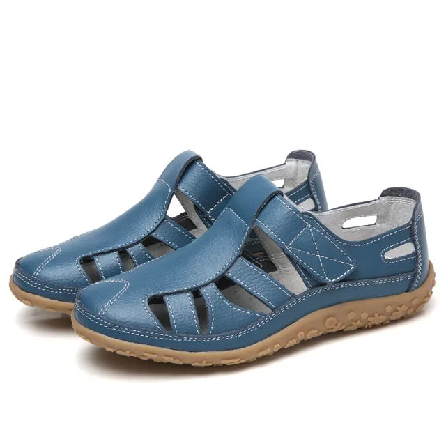 Women's brown leather comfort sole velcro sandals for summer walking.