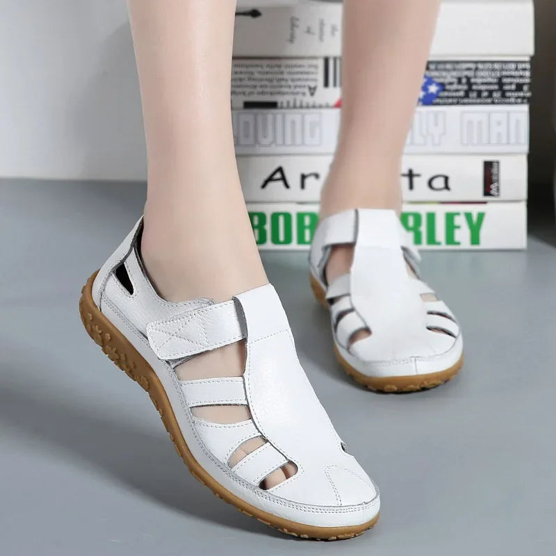 Side view of women's casual velcro leather sandals, perfect for summer.