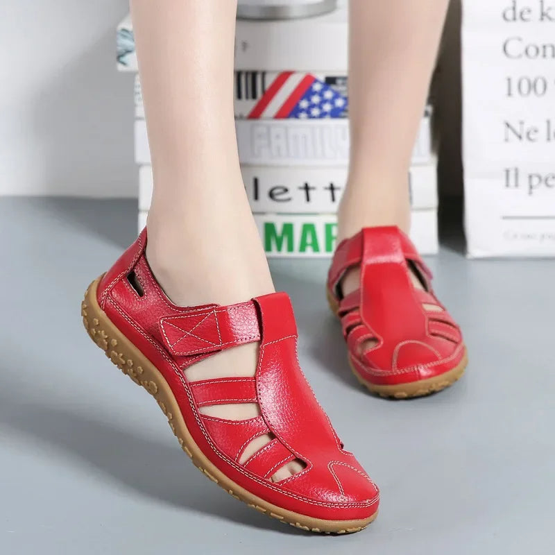 Breathable and lightweight women's velcro sandals in tan leather.