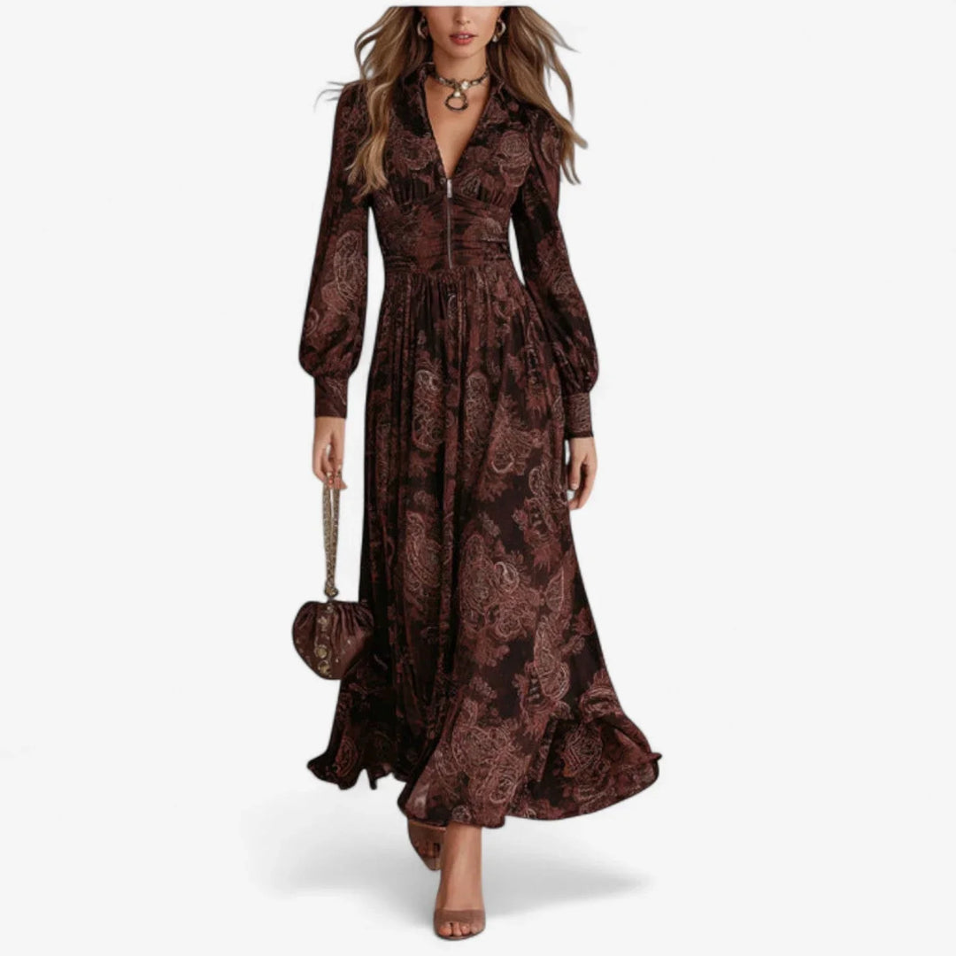 Women's brown paisley print maxi dress with collared v-neck and long balloon sleeves, ideal for boho chic style.