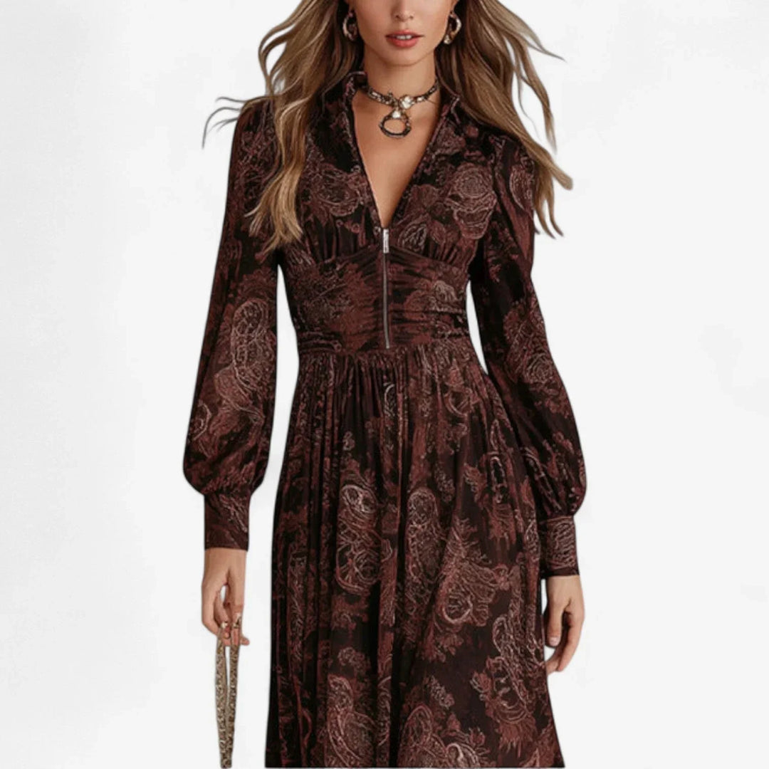 Flowy women's paisley print maxi dress, featuring a stylish v-neck and elegant long balloon sleeves for casual wear.