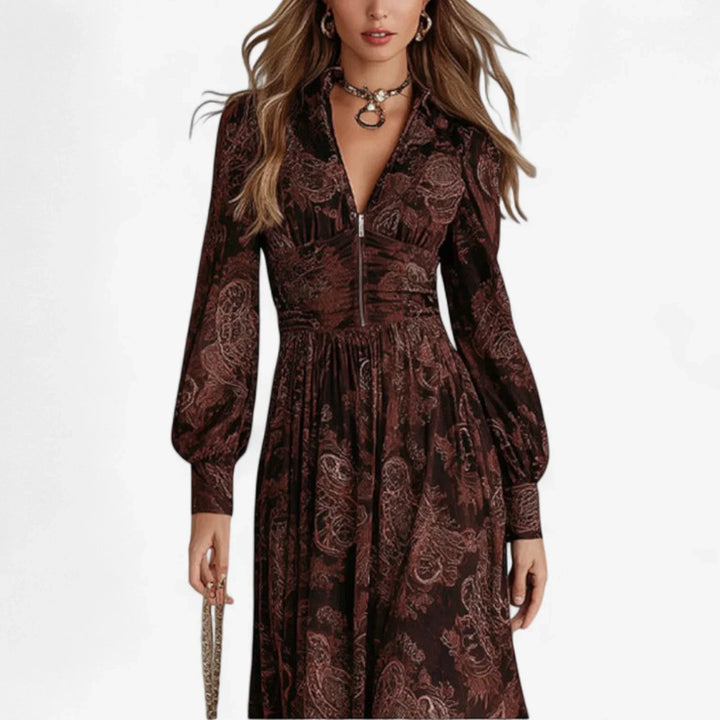 Flowy women's paisley print maxi dress, featuring a stylish v-neck and elegant long balloon sleeves for casual wear.