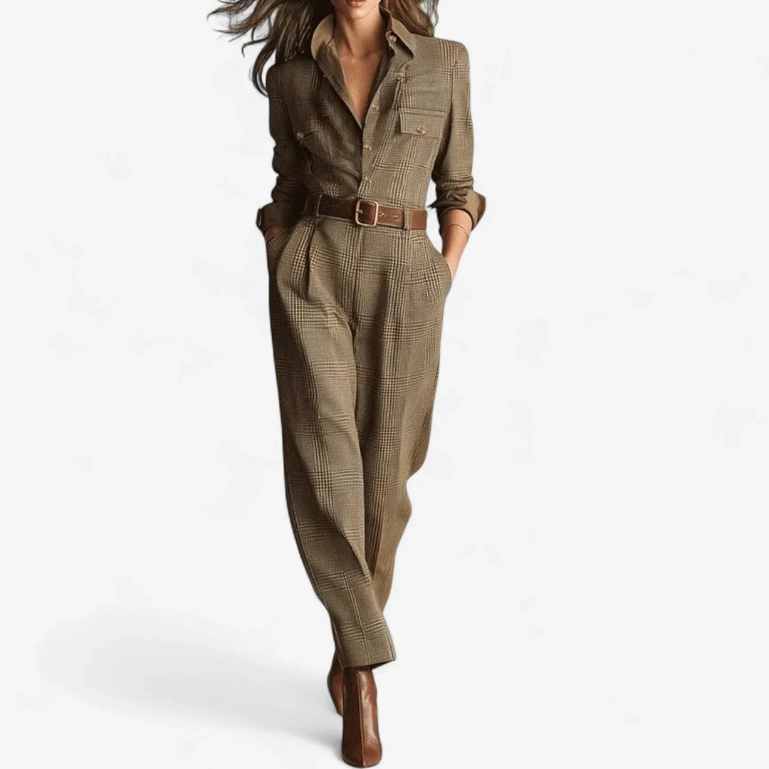 Women's brown plaid wide leg jumpsuit with elegant collared button front, perfect for a chic modern look.