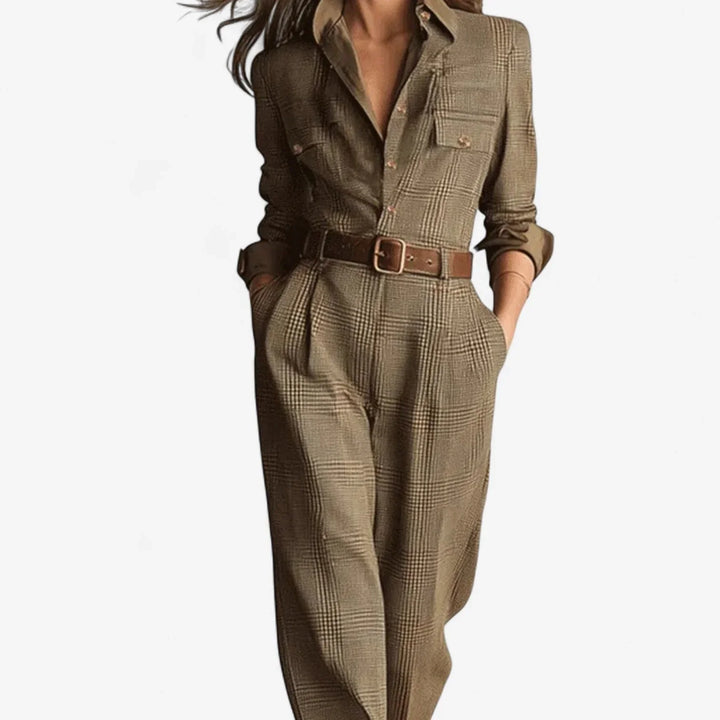 Stylish women's plaid wide leg jumpsuit featuring a comfortable one-piece design and versatile button front closure.