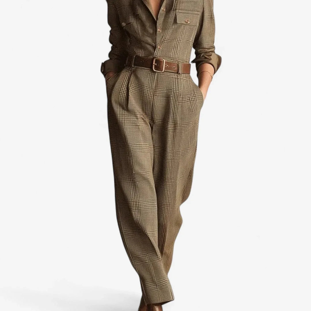 Chic women's brown plaid wide leg jumpsuit, a modern and elegant piece with a flattering button-front design.