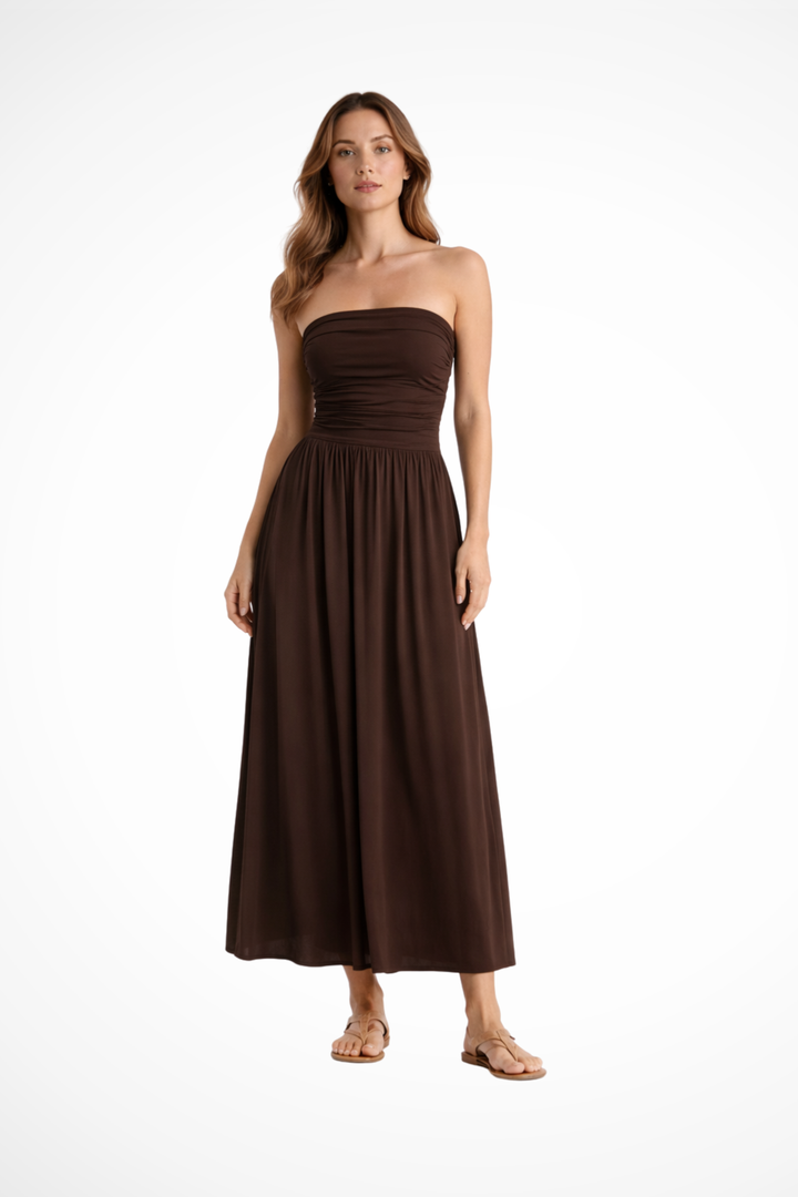 Women's brown strapless pleated maxi dress, perfect for summer parties & elegant evening wear.