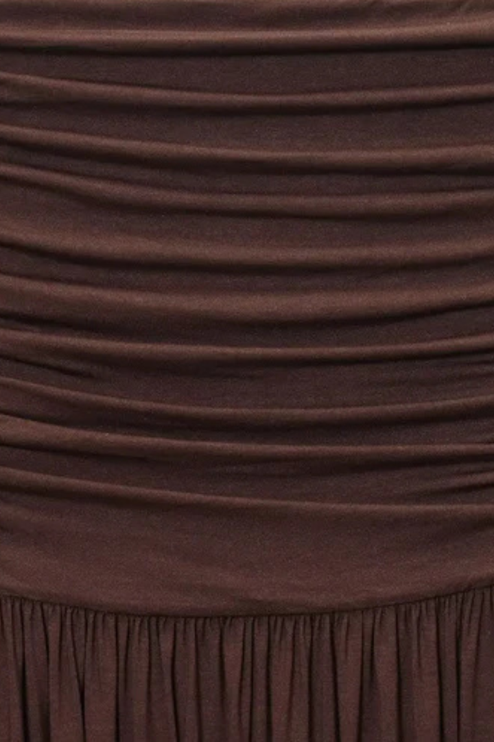 Brown strapless pleated maxi dress for women, an elegant & flowy long summer party or evening dress.