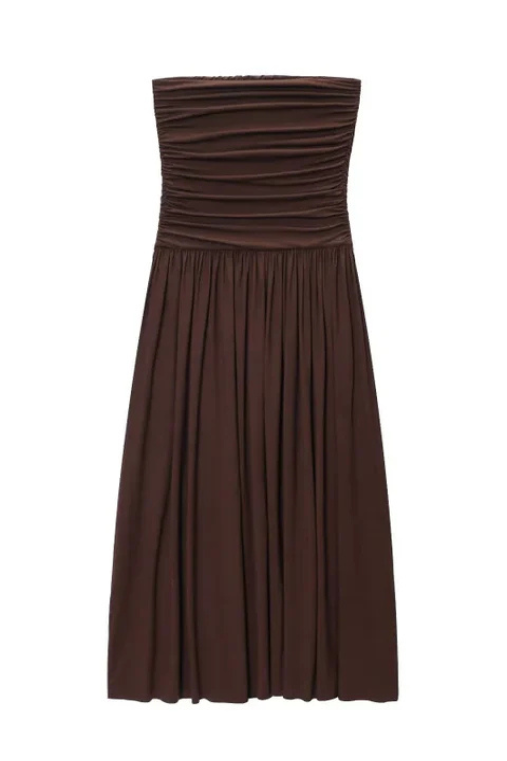 Women's elegant brown strapless pleated maxi dress, ideal for summer, evening wear, and parties.