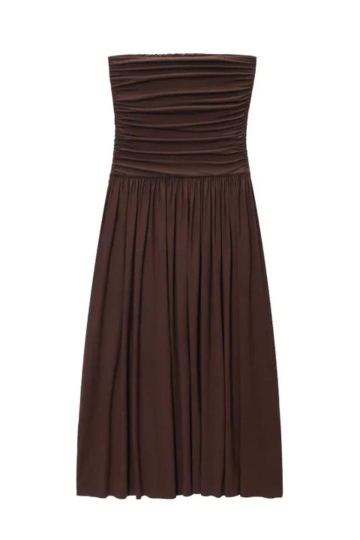 Women's elegant brown strapless pleated maxi dress, ideal for summer, evening wear, and parties.