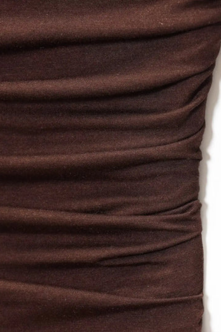 Flowy brown strapless pleated maxi dress for women. Long summer party dress & elegant evening wear.