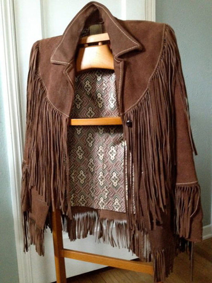 Women's brown suede fringe jacket with a classic collar and button closure