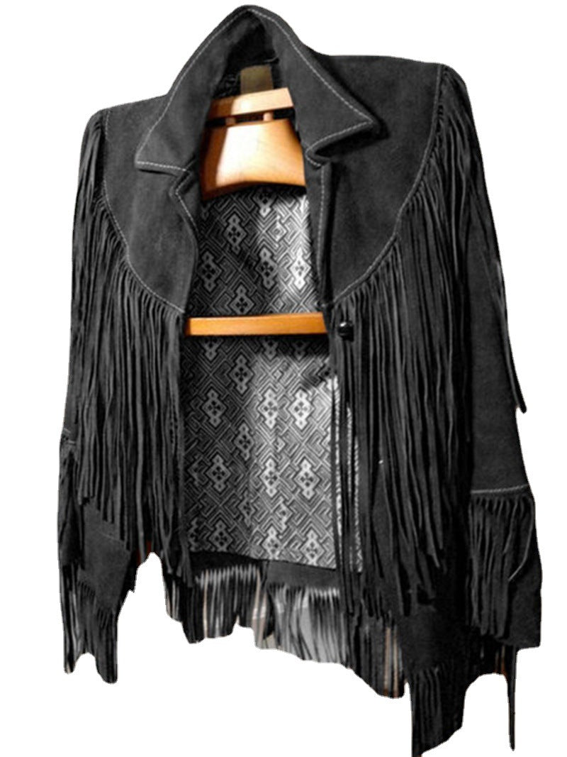 Stylish women's suede outerwear featuring a comfortable fit and western-inspired fringe