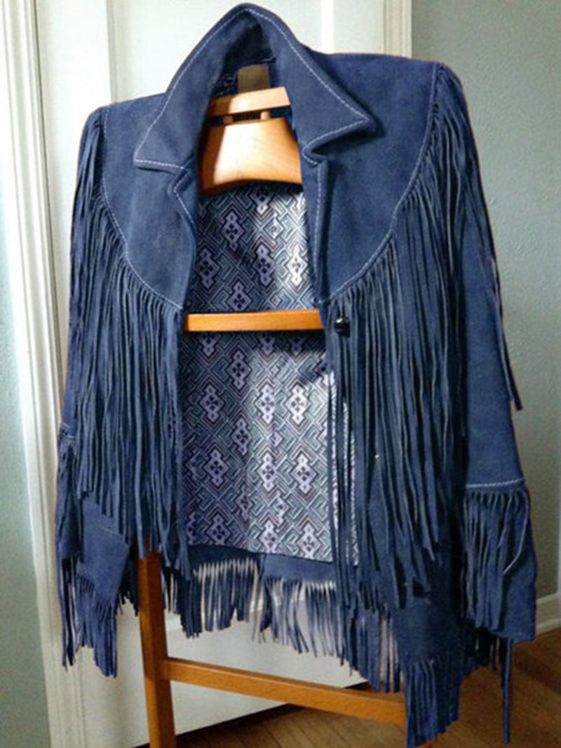 Full shot of a woman wearing a black suede fringe jacket, perfect for casual outings