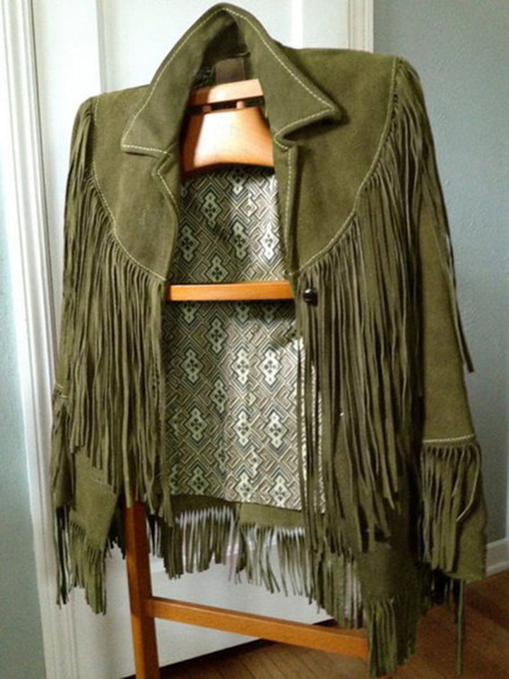 Elegant women's suede jacket with flowing fringe, a must-have fashion statement piece