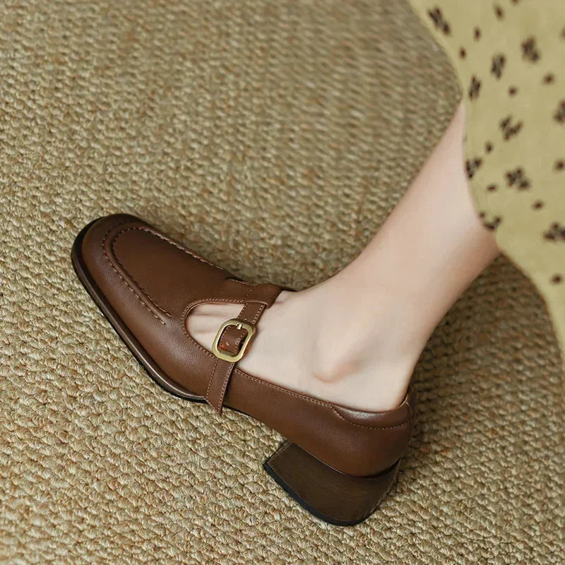 Elegant brown T-Strap Mary Jane block heel shoes for women, perfect for comfortable workwear.