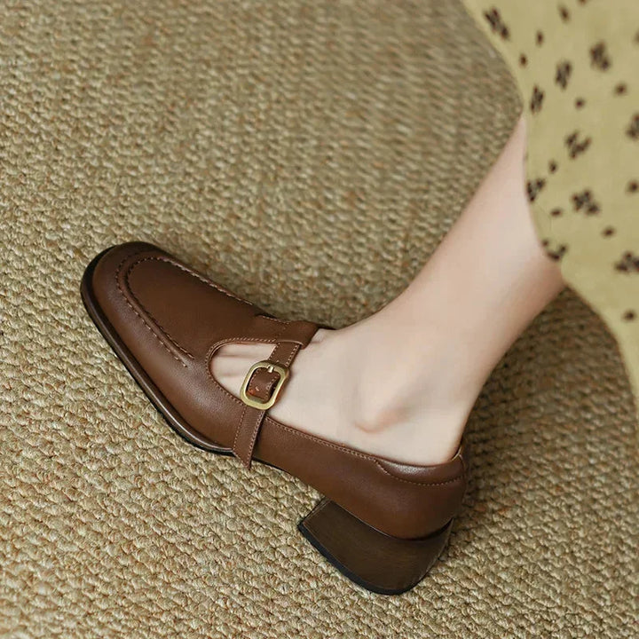 Elegant brown T-Strap Mary Jane block heel shoes for women, perfect for comfortable workwear.
