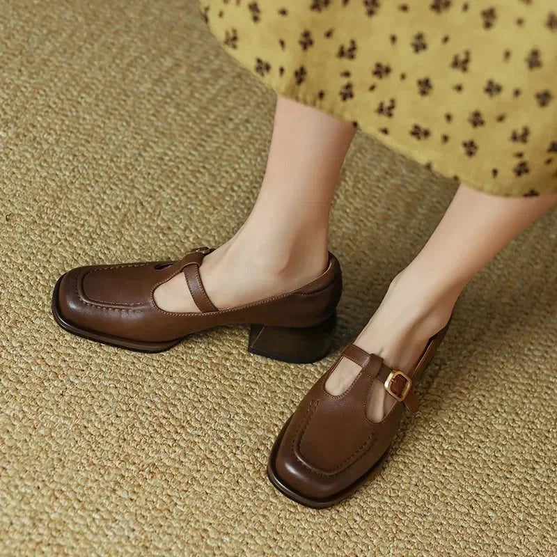 Classic women's brown T-Strap Mary Jane block heel shoes with a stylish square toe design.
