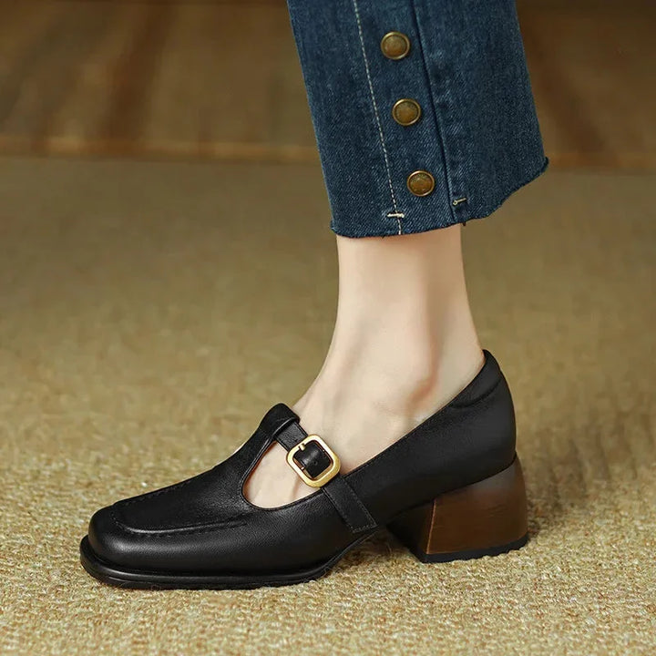 Versatile women's brown T-Strap Mary Jane block heels, ideal for workwear and elegant occasions.